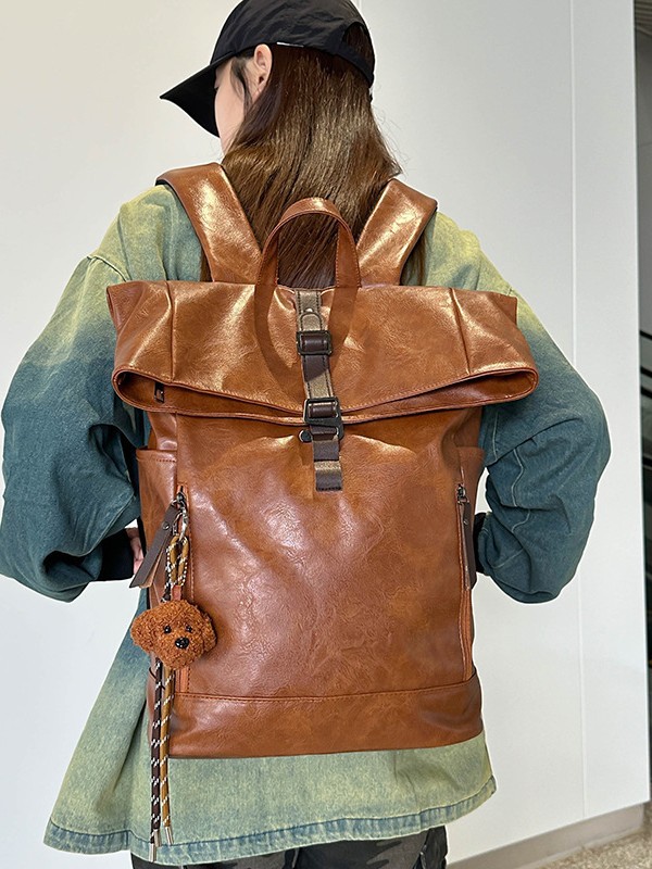 Leather Work Womens Backpack - ヨーロピアンアメリカンヴィンテージロールトップバックパック、PUレザー製、多機能コンパートメント付き、大型ラップトップリュックサック、大学、仕事、旅行用