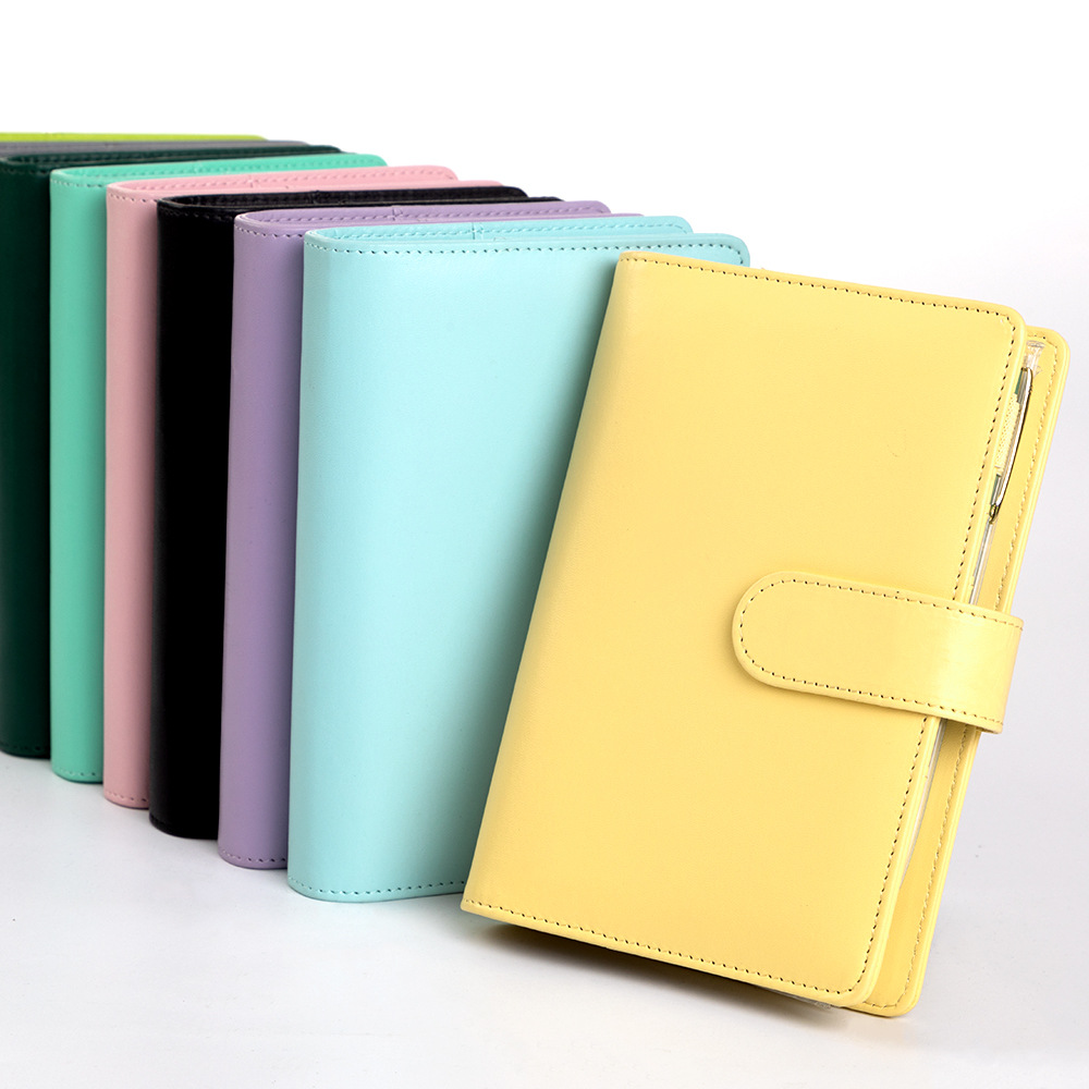 Leatherwork Books - A6マカロンPUレザーバインダーノートブック、ジッパーポーチ付き、ジャーナル用