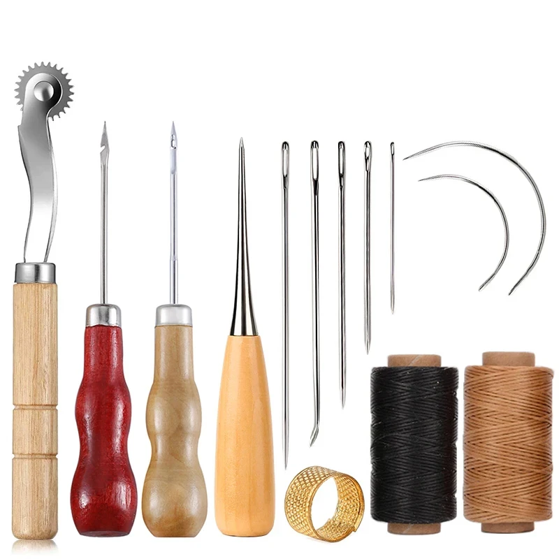 Leatherwork Accessories - 初心者向けレザークラフトソーイングキット、ワックス糸、木製ハンドル、手縫い針、修理ステッチツール、14個