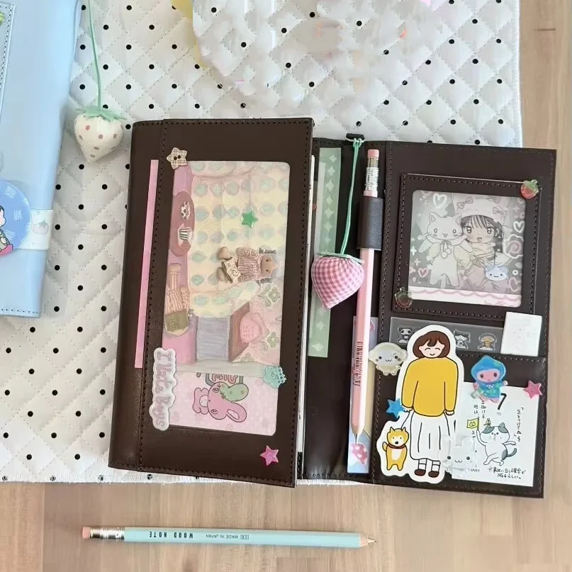 Leatherwork Books - A6 レトロダークブラウンブルー三つ折りレザージャーナル高級感学生日記日記アジェンダプランナーカバーノート文具
