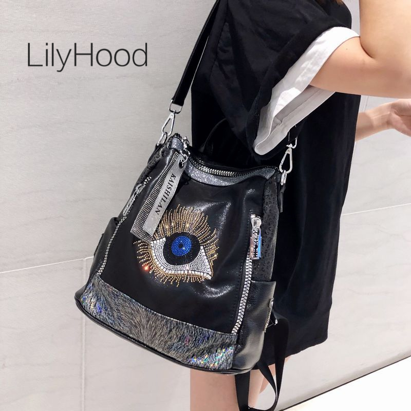 Leather Work Womens Backpack - 2026 女性ビーガンレザースタイリッシュな光沢のあるラインストーン邪眼大容量バックパックゴシックカジュアル旅行仕事ラップトップデイリーバッグパック