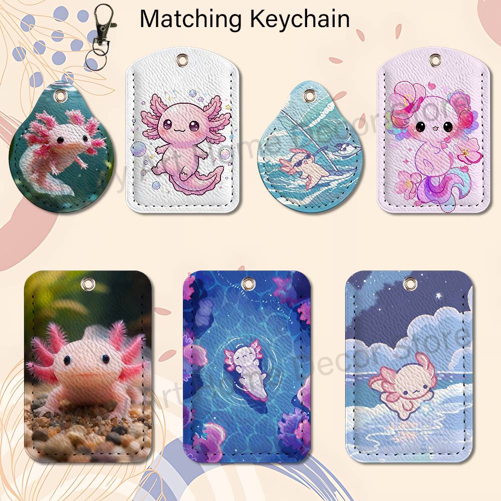 Leather Work Is - かわいいピンクの A-Axolotl 漫画ホルダーキーホルダー仕事用カード銀行ビジネスホルダー学生カード保護ケースバスカード