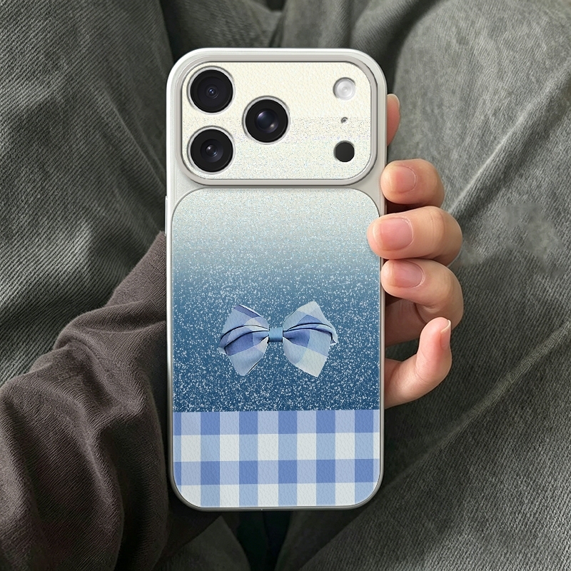 Leather X - ブルーギンガムボウグリッターフォンカバーケース iPhone 18 17 16 15
