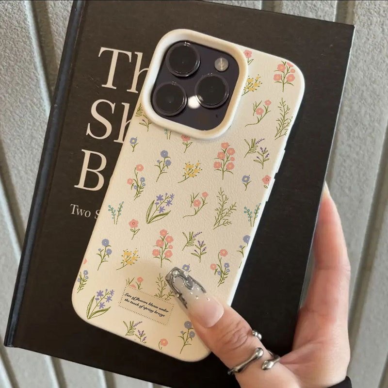 Leather X - ピンクブルーの花柄アートパターン、ライチテクスチャのiPhoneケース（iPhone 11、12、13、14、15、16、17 Pro Max Plus、17Air、X、XS、XR、16E対応）ソフトカバー