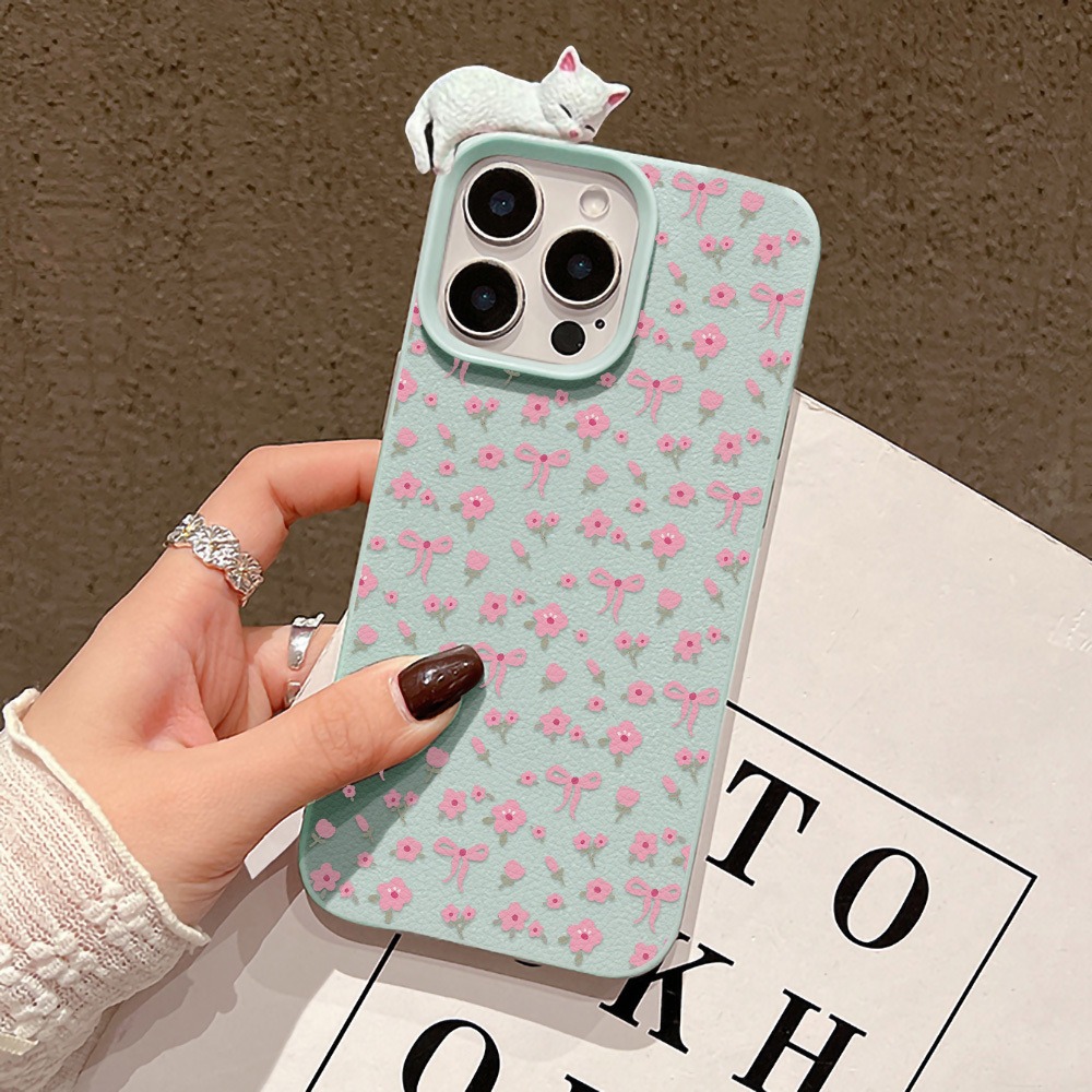 可愛いリボンフラワーと3Dキュートな猫のレザー製スマホケース - Leather X のレビューと価格